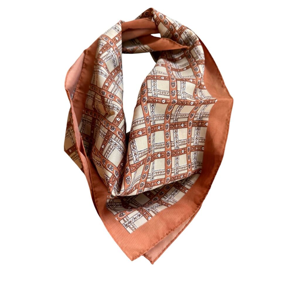 Vintage Square Scarf Rust Brown Plaid Print 21”